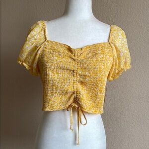 New Floral Scrunched Yellow Puff Sleeve Crop Top